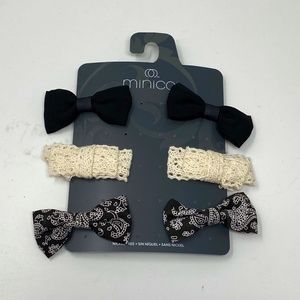 Minicci Womens Three Pair Barrettes Hair Bows Black Ivory White Paisley